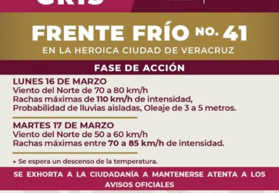 Emite PC municipal de Veracruz alerta gris por Frente Frío 41 y fuertes vientos.
