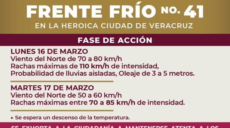 Emite PC municipal de Veracruz alerta gris por Frente Frío 41 y fuertes vientos.