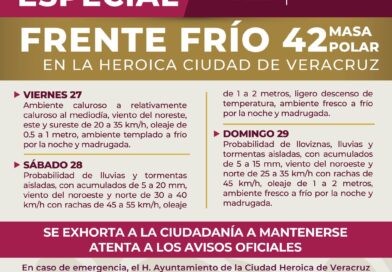 Ingresa Frente Frío 42 a la ciudad de Veracruz el fin de semana.