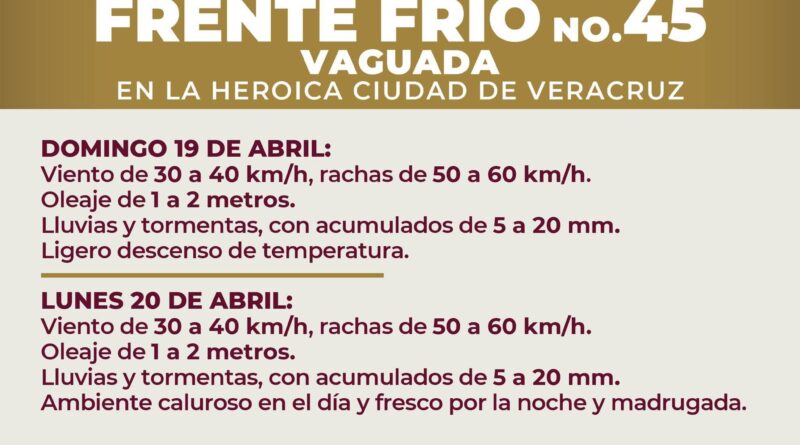 Anuncian viento y lluvias por Frente Frío 45 en la ciudad de Veracruz.